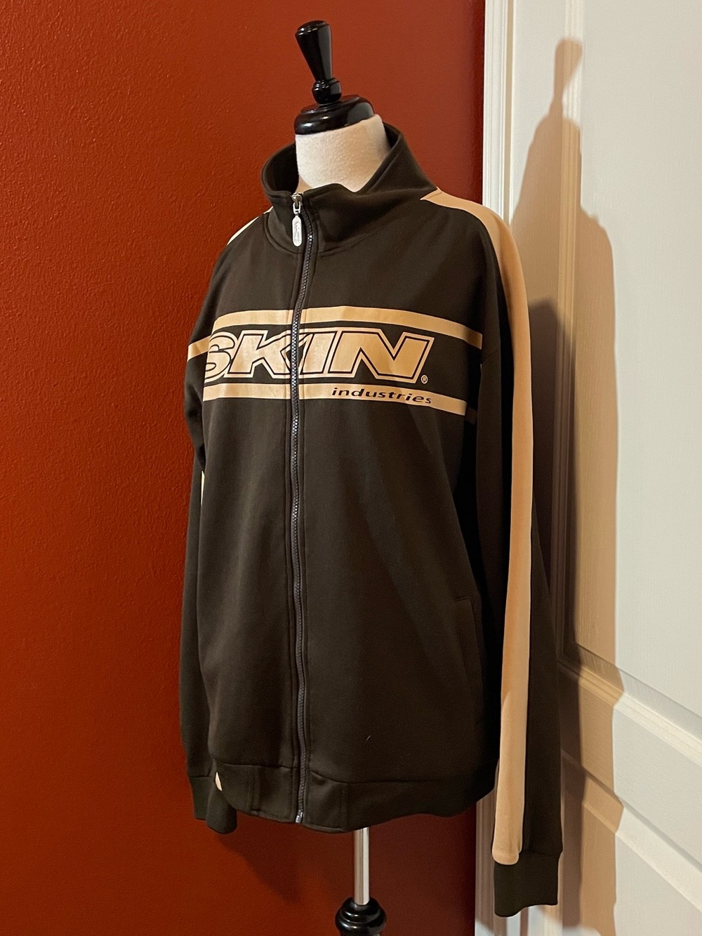 Skin Industries Men’s Vintage Brown Full Zip Moto Stripe Y2K Track Jacket